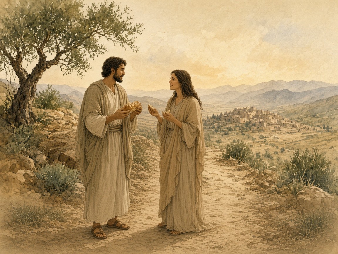 A man and a woman pause on a road to share bread.