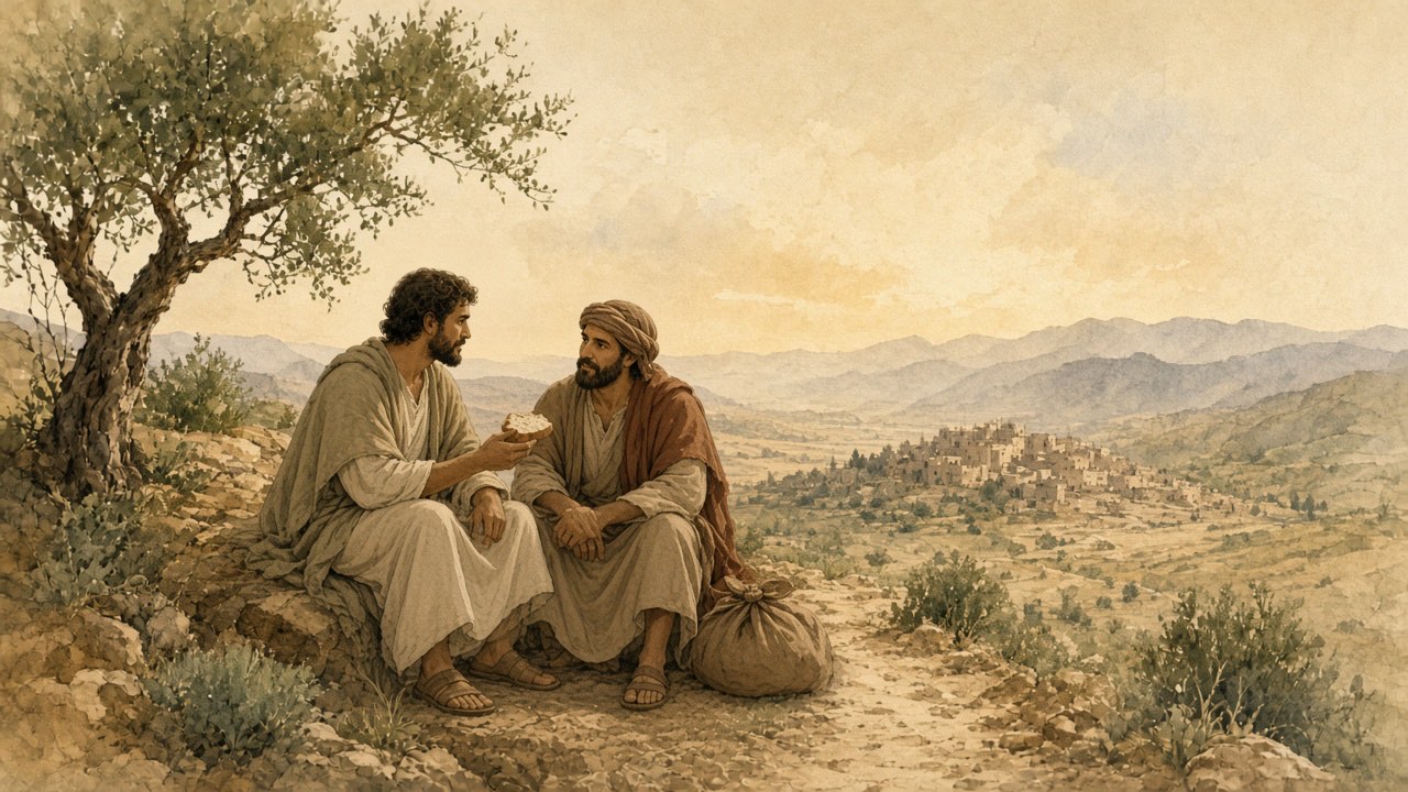Two travelers pause on a road to share bread and conversation.