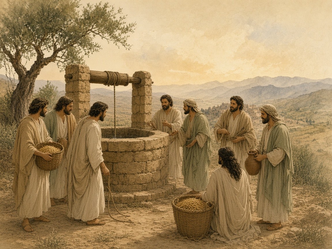 Men and women gather at a village well with baskets of grain.