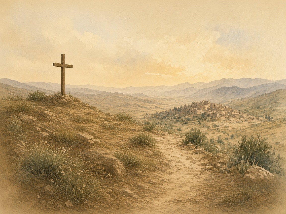 A distant wooden cross on a dawn hill, with wildflowers in the foreground.