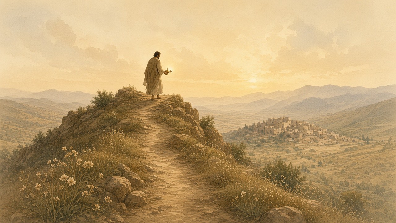 A figure with a lamp walks a ridge path as dawn light arrives among wildflowers.