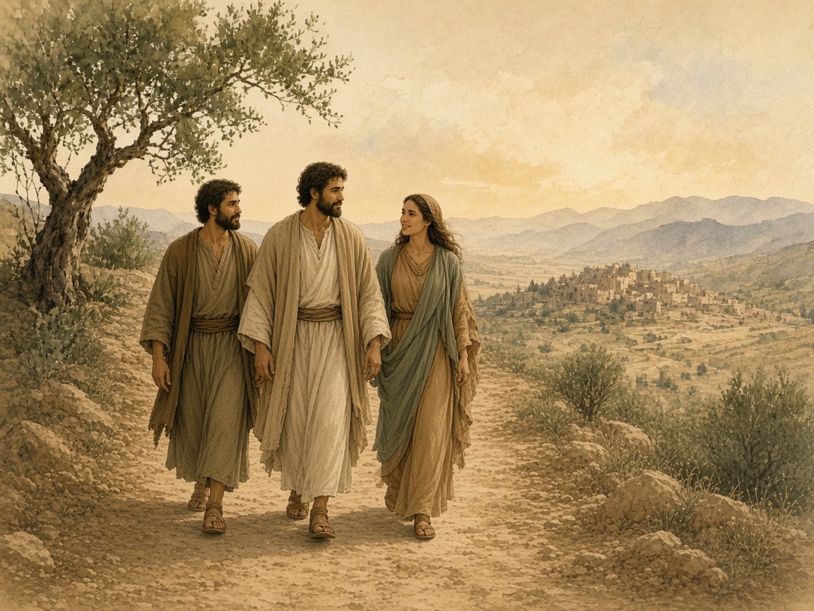 A teacher walks a road with a man and a woman.