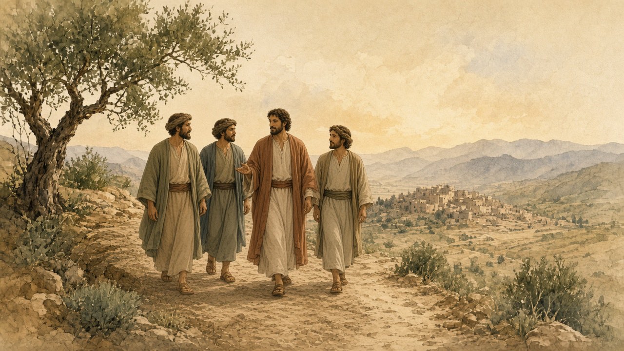 A teacher walks a dusty road with three followers, a hill town in the distance.