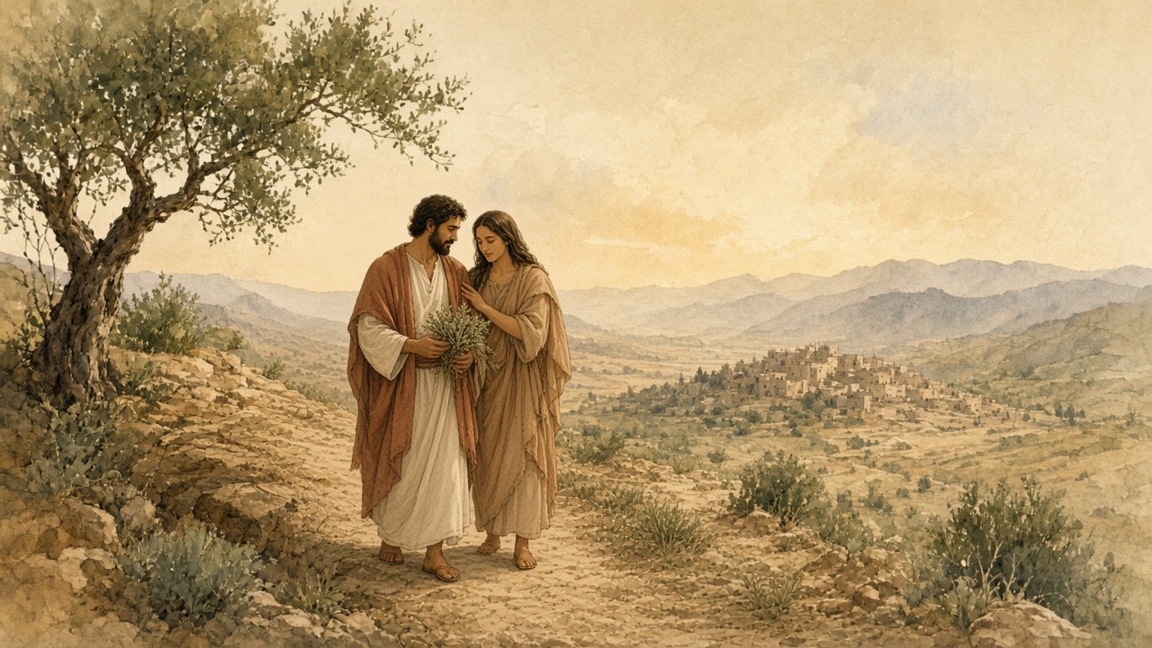 On a hillside path, a companion rests a hand on the shoulder of someone holding wild herbs.
