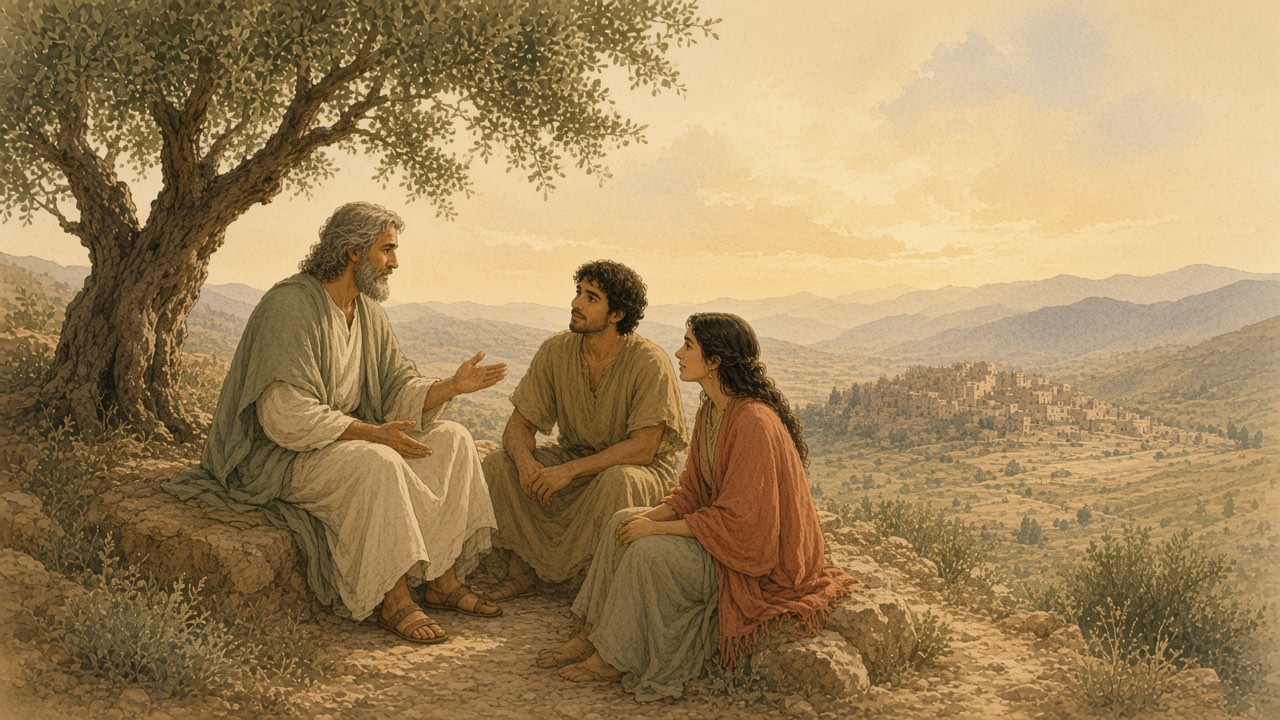 An elder teaches two younger adults in the shade of a large tree.