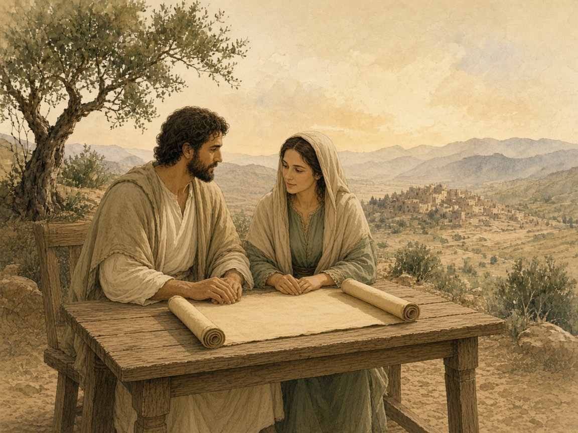 A man and a woman sit at a table with a scroll between them.