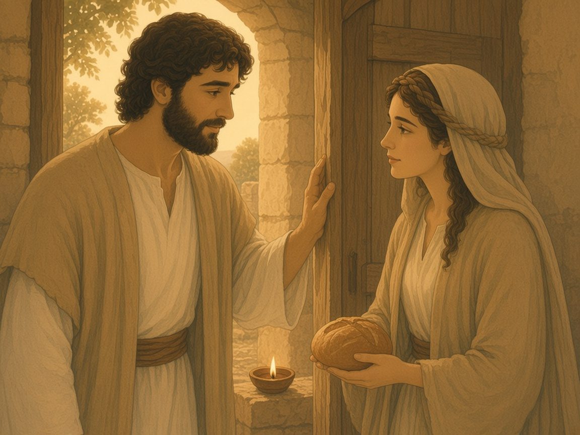 A man and a woman stand inside a doorway beside a lit clay lamp, the woman holding a small loaf.