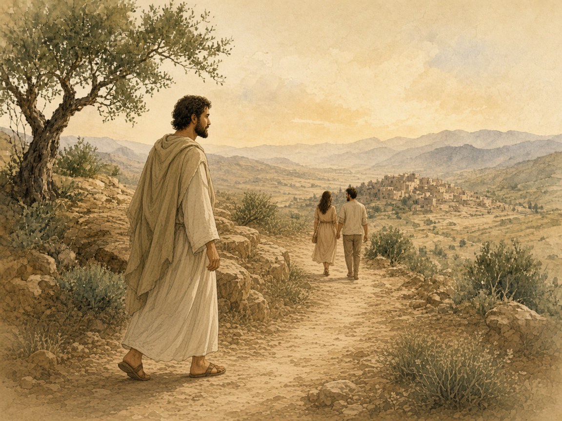 A man pauses as a woman and another man walk ahead, then turns toward an open road.