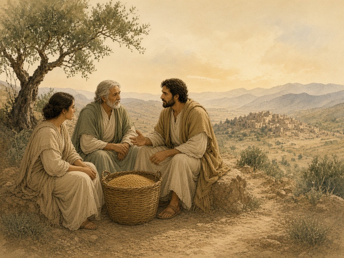 A woman listens to a man and another woman, a basket of grain between them.