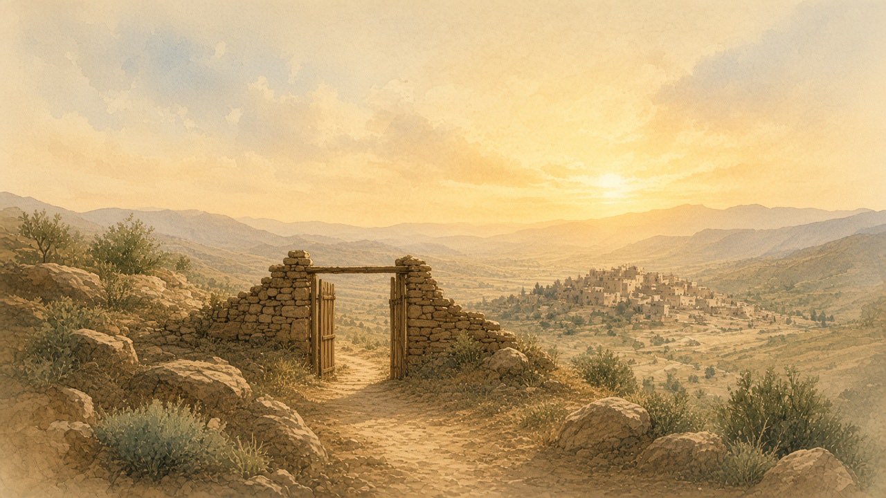 An open village gate frames a luminous valley at dawn.