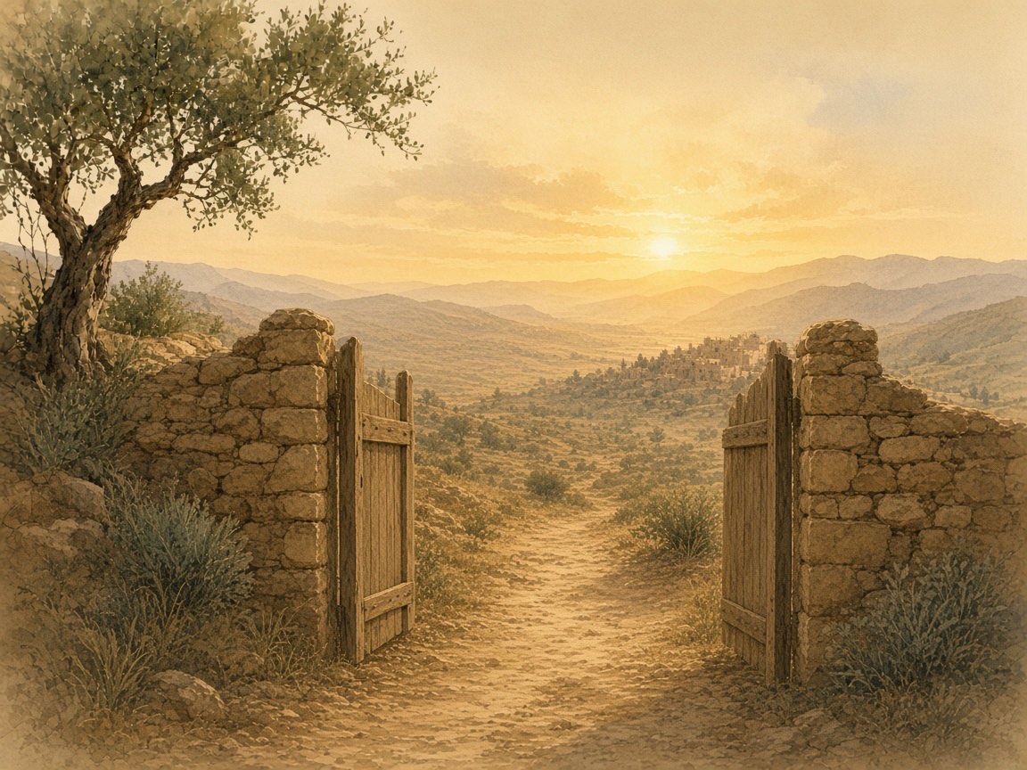 An open village gate frames a luminous valley at dawn.