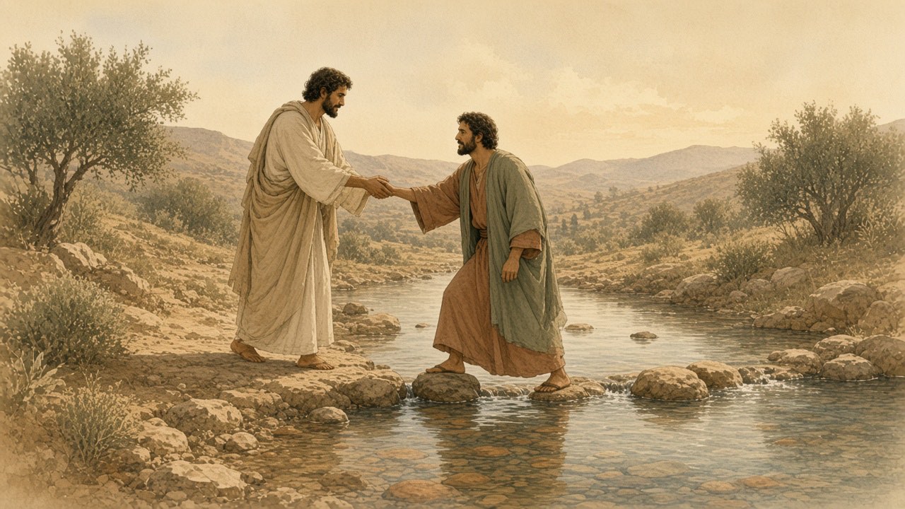 One person takes another's hand to cross a shallow stream on stepping stones.