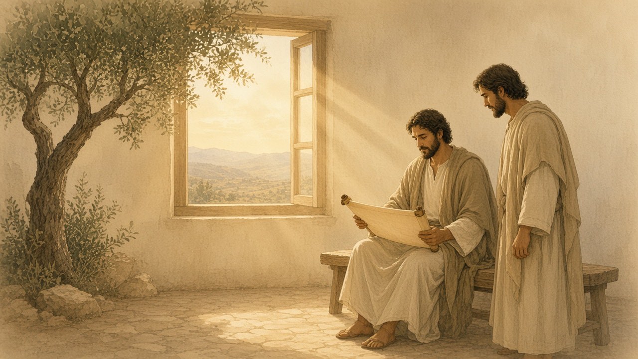 Morning light falls on two people beside an open window, one holding a scroll.