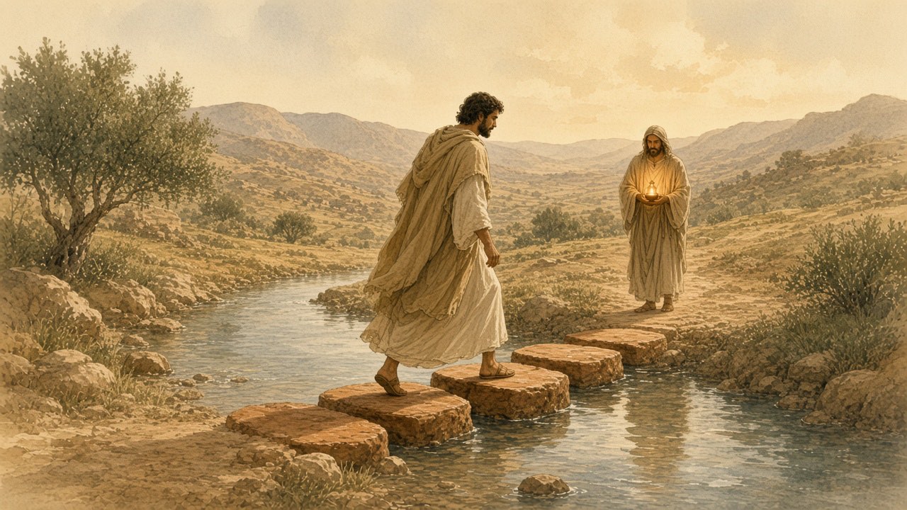 A person steps across stream stones toward a companion waiting with a small lamp.