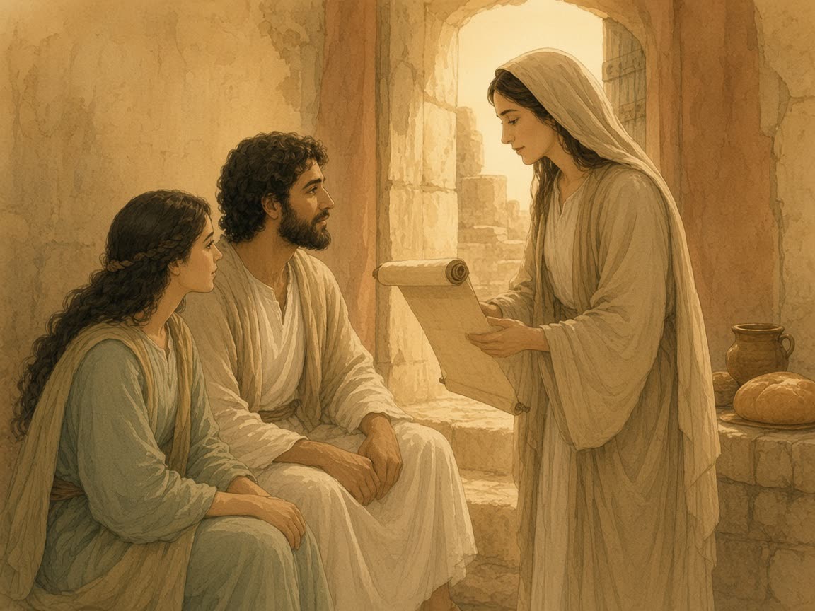 A woman holds an open scroll while two people listen beside a clay lamp and a loaf.