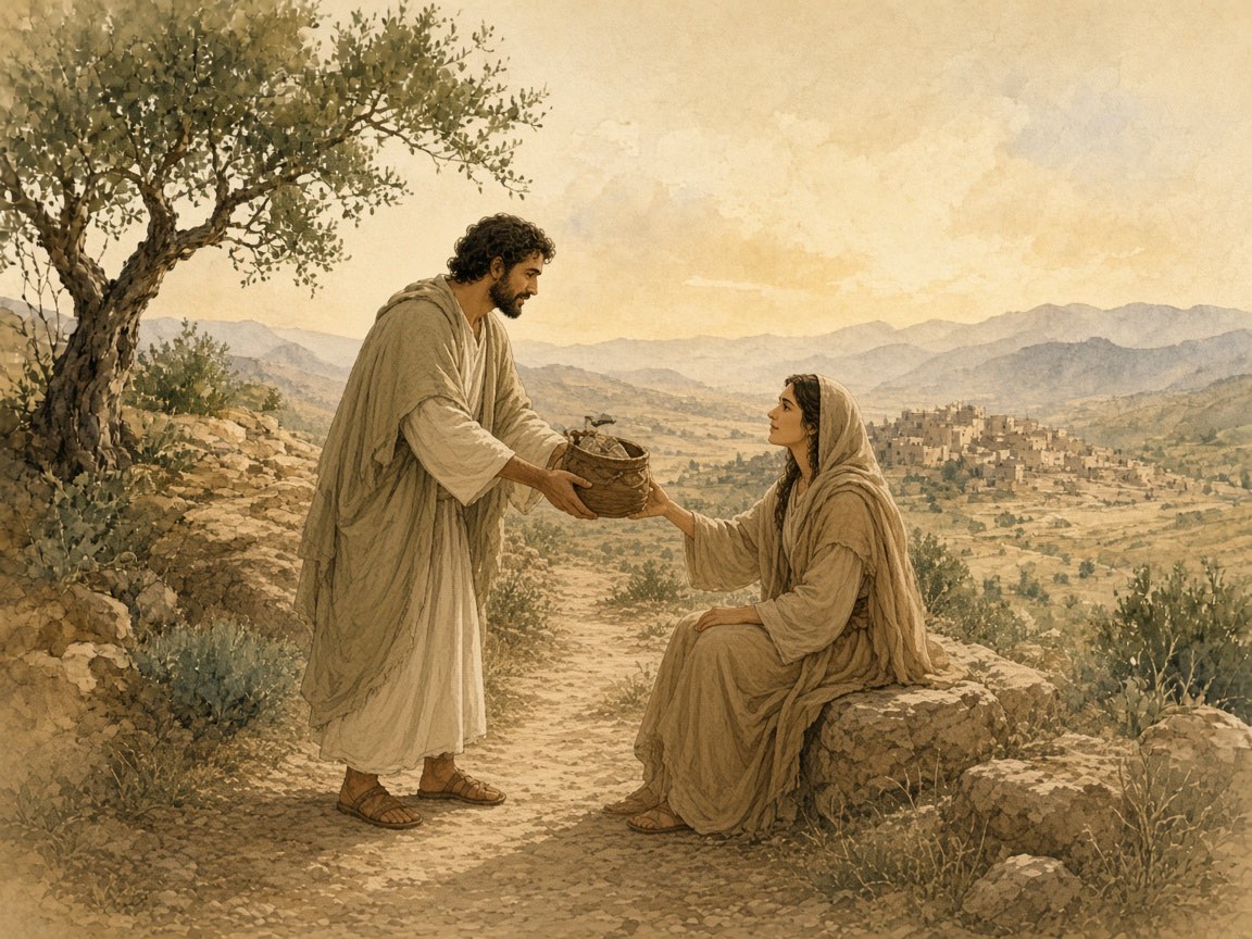 A man offers a waterskin to a woman seated across a road.