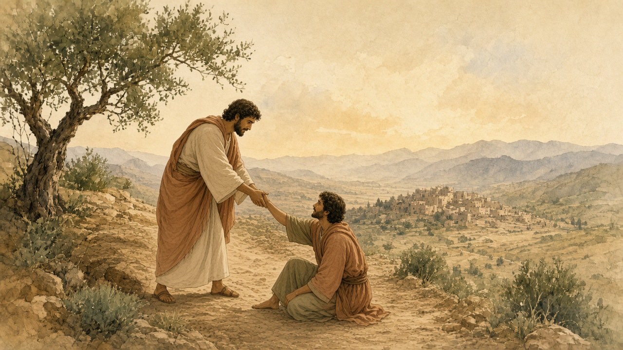 A person bends to help someone seated in the dust beside a road.