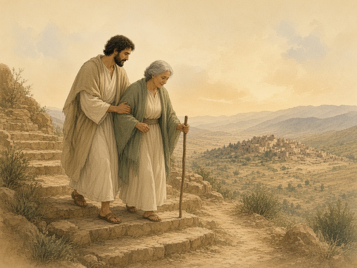 A son steadies his mother on a step at a doorway.
