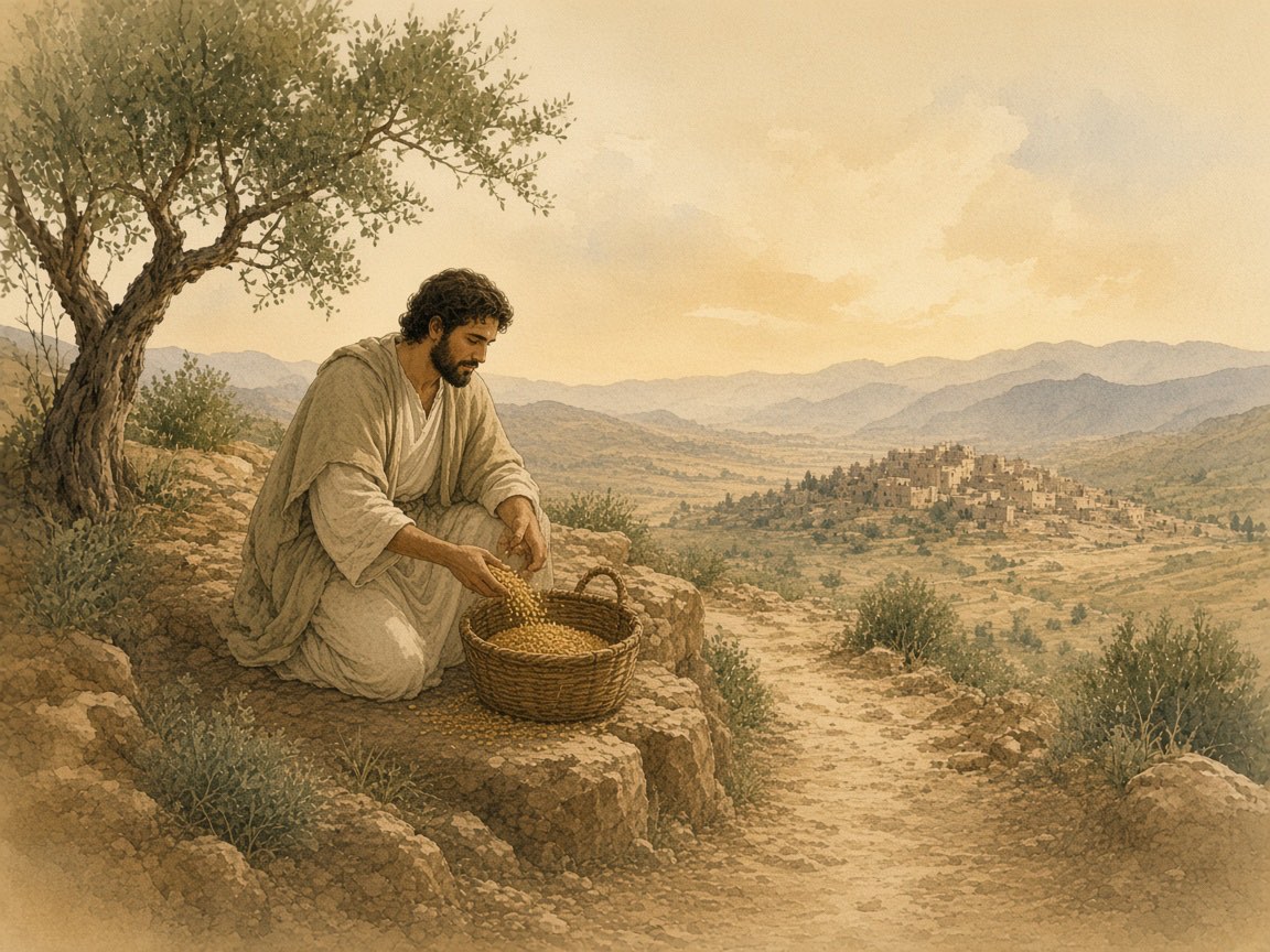 A man kneels to gather spilled grain into a basket.