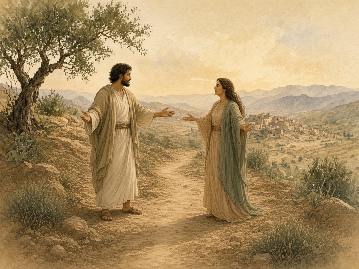 A man and a woman meet where two paths join into one road.