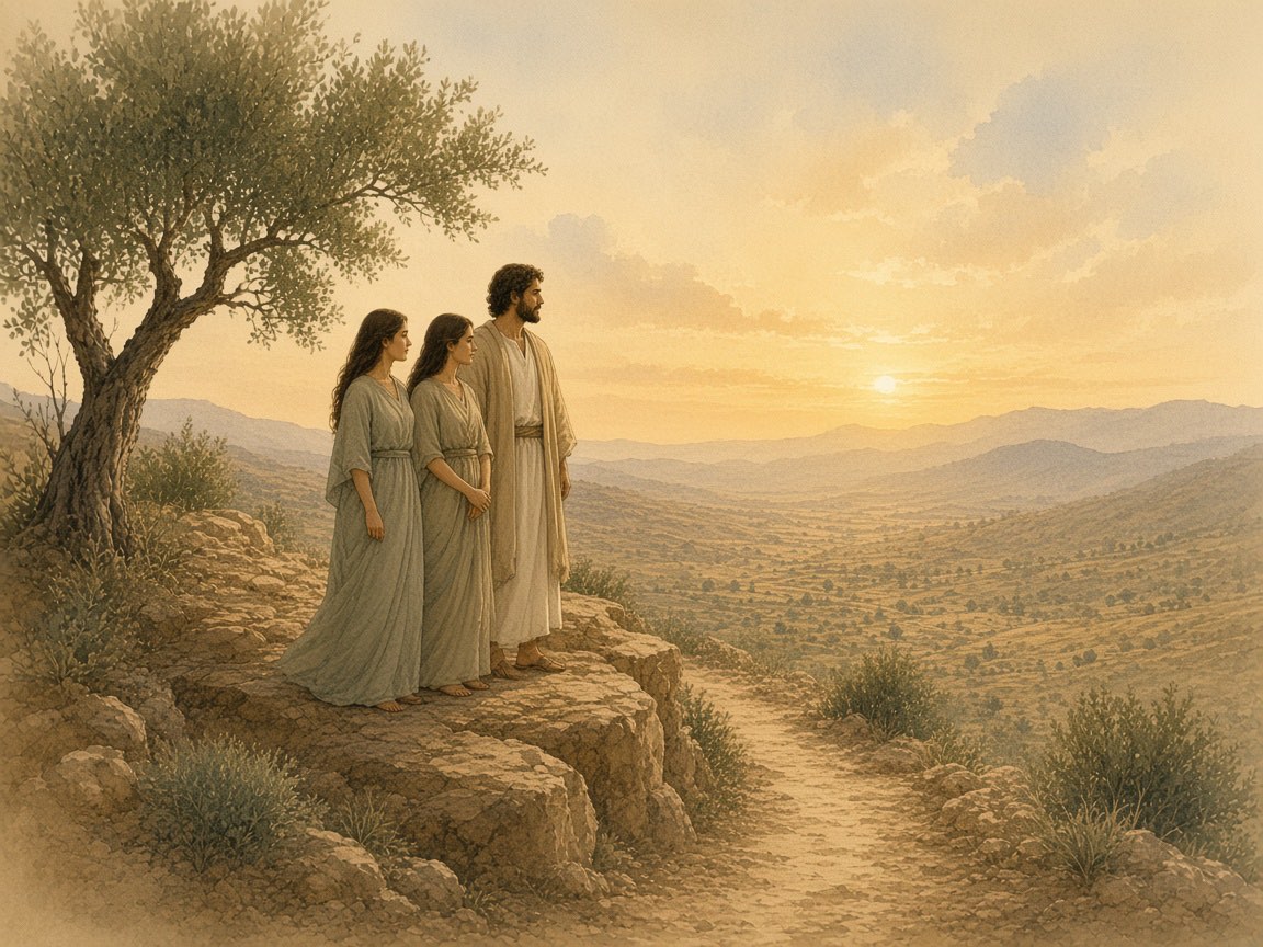 A man and two women stand quietly on a hillside at sunrise.