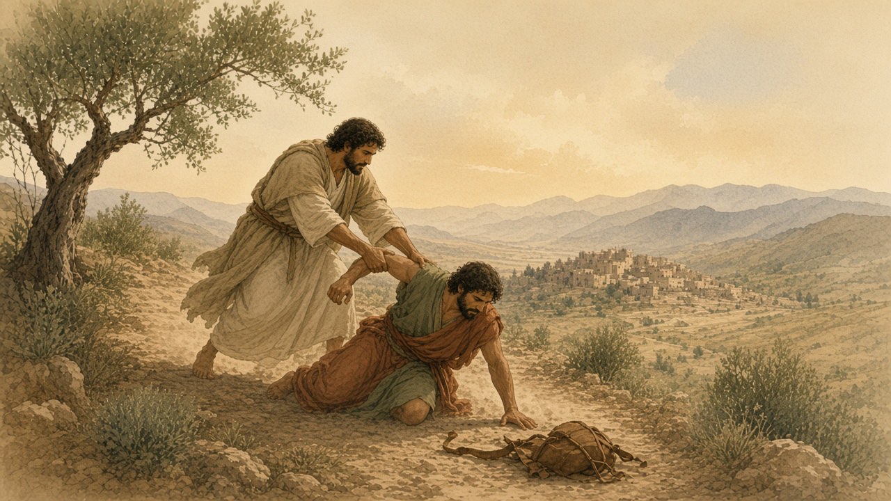 A traveler helps a companion back to their feet on a rocky path.