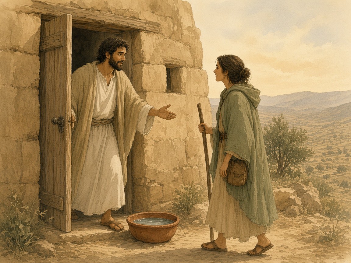 A man welcomes a traveler at an open door where a basin of water is ready.
