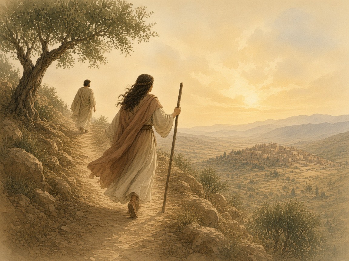 A woman climbs a terraced hill while a man walks farther ahead.
