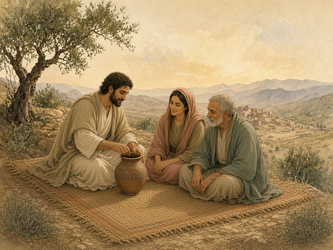 A man sits on the same mat as a woman after setting down a jar.
