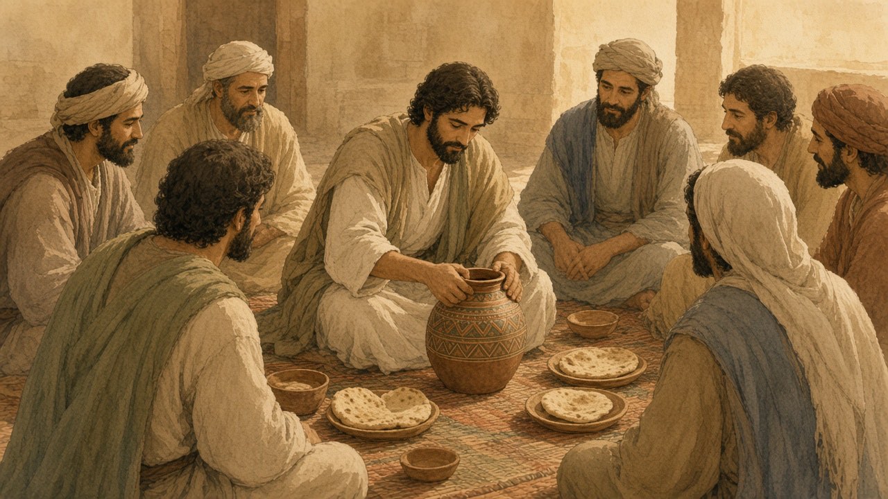 A person sets down a decorated jar and sits on the same low mat as the others at a meal.