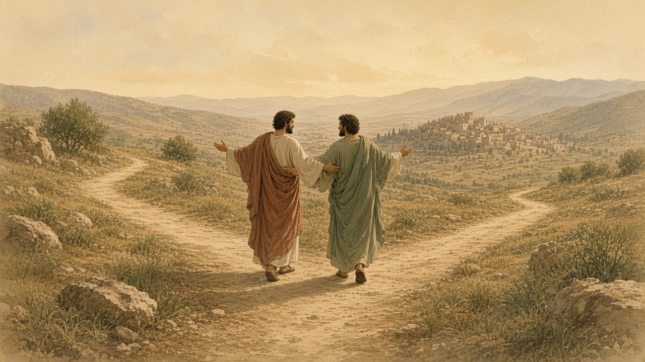 Two people meet where two paths join into one road, arms beginning to open.