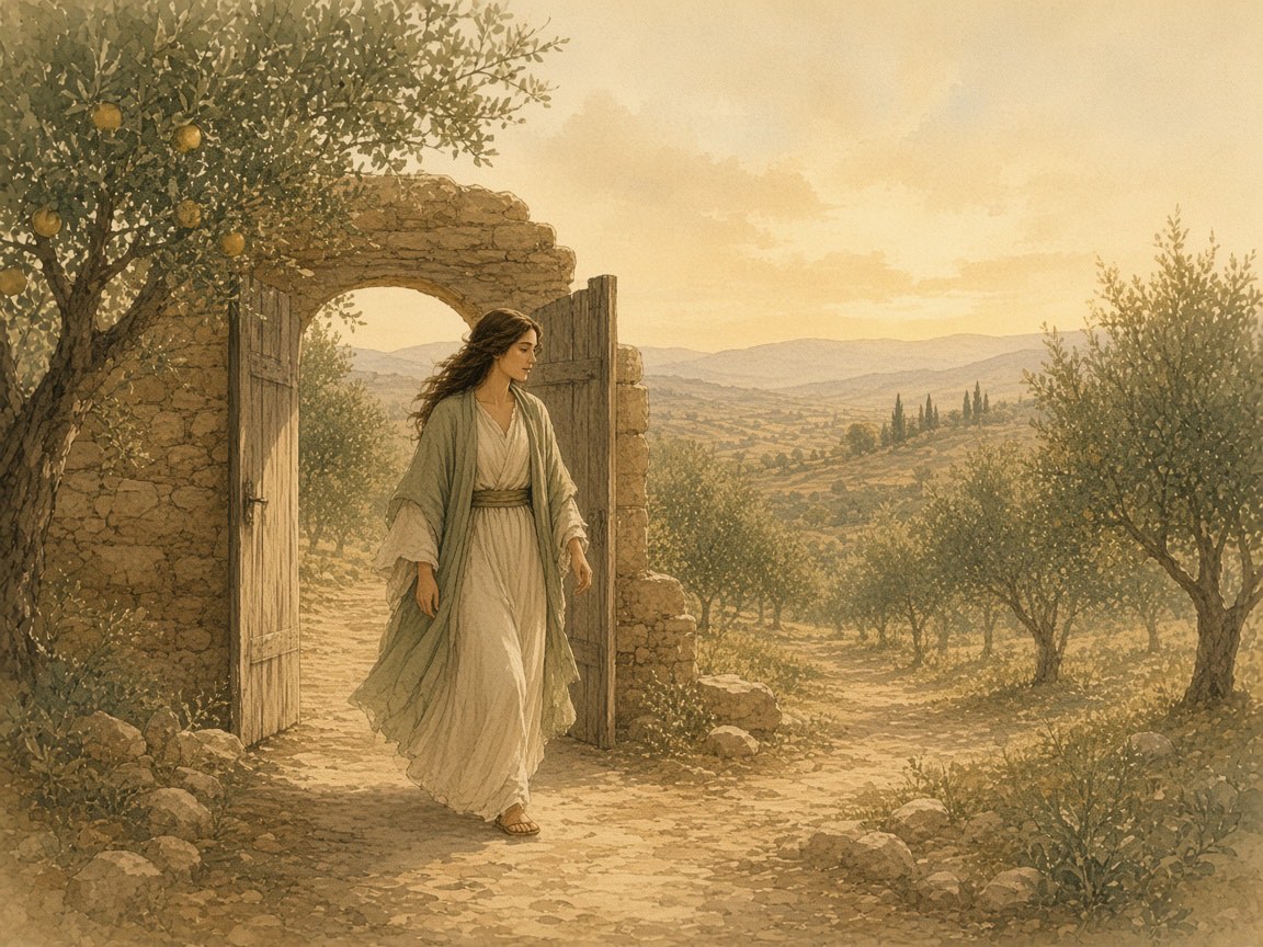 A woman steps through an open gate into a bright orchard.