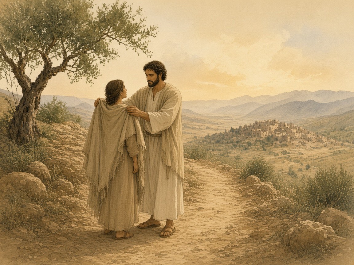 A man gives his cloak to a woman on the road.