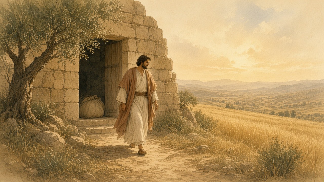 A person leaves a heavy bundle at a shadowed gateway and steps into a sunlit field.
