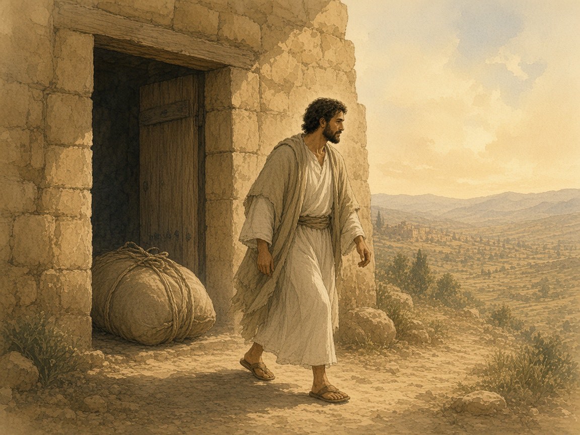A man leaves a bundle at a gateway and steps into sunlight.