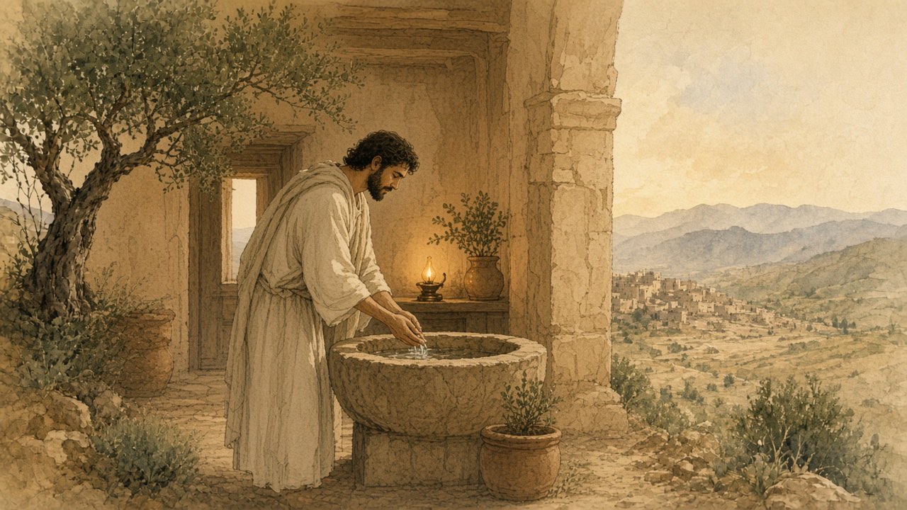 A person washes their hands at a stone basin before entering a quiet lamp-lit room.