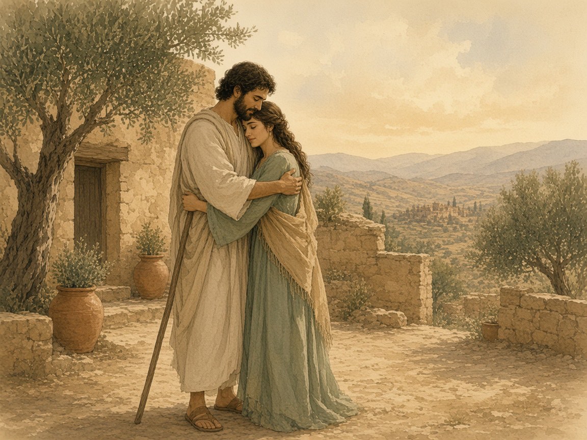 A man and a woman embrace gently in a courtyard.