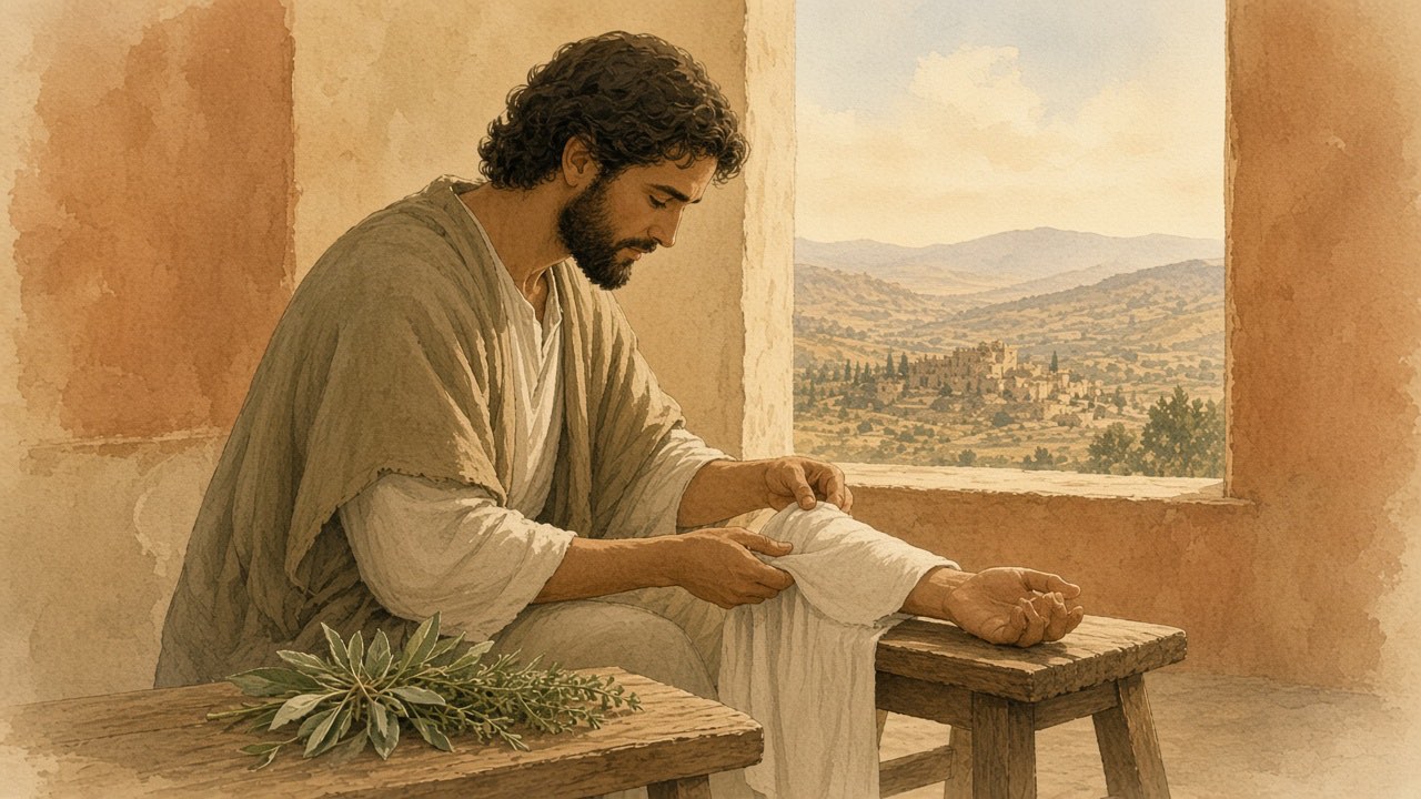 A caregiver wraps a linen cloth around a seated person's forearm beside a window.