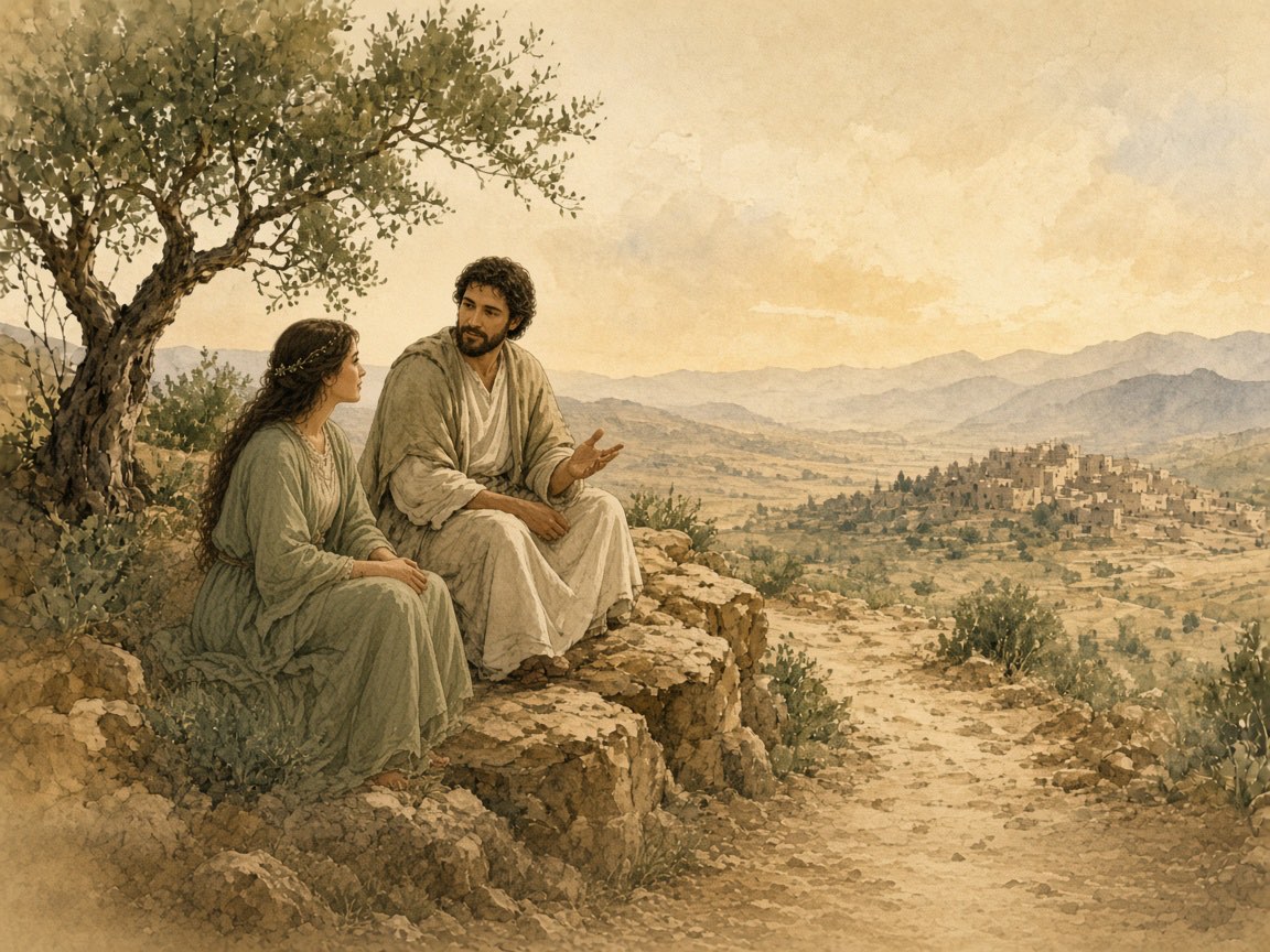 A woman listens while a man speaks in the shade of olive trees.