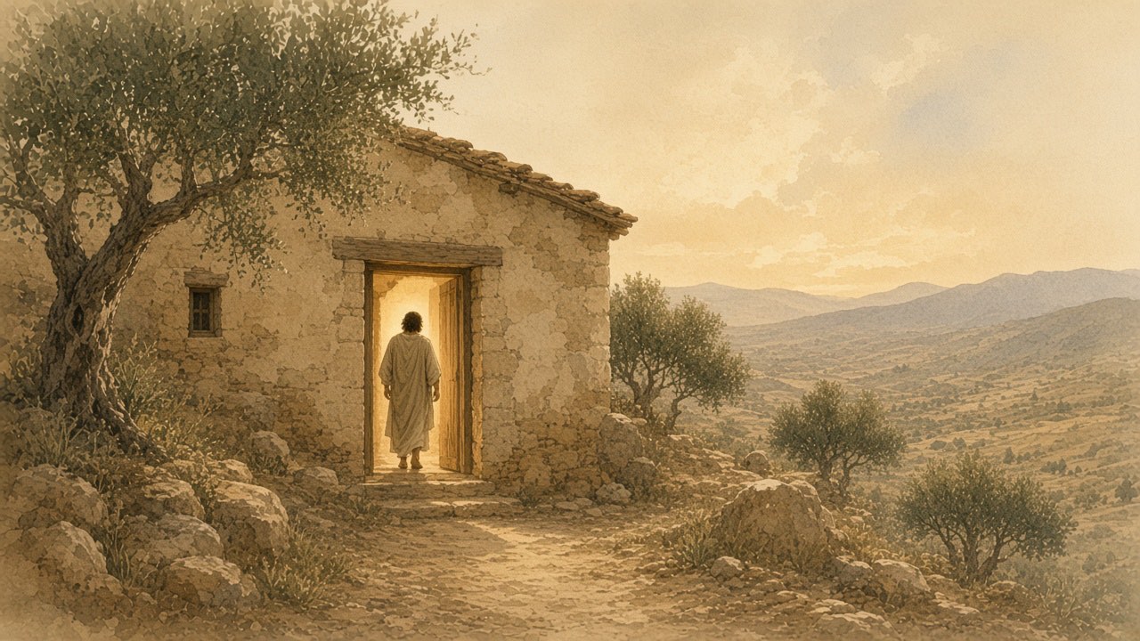 A person steps from a dim lane through an open doorway filled with warm light.