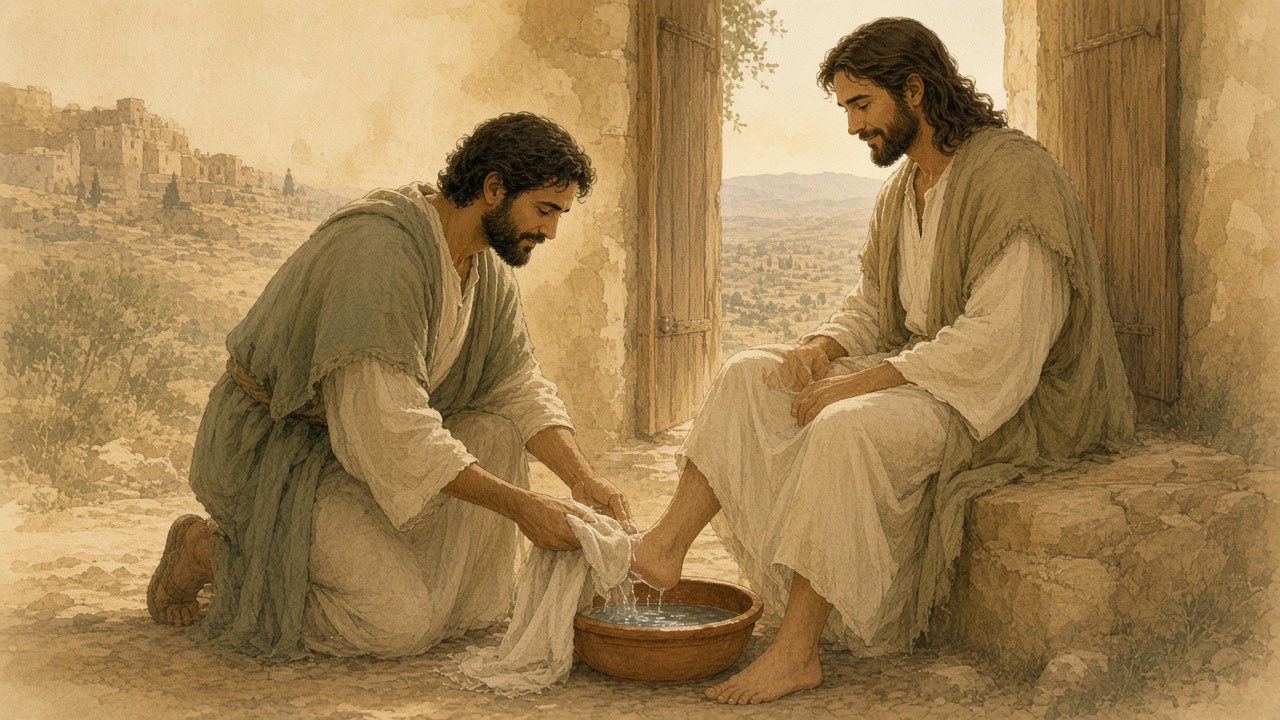 Someone kneels in a doorway with a towel and basin to wash a guest's feet.