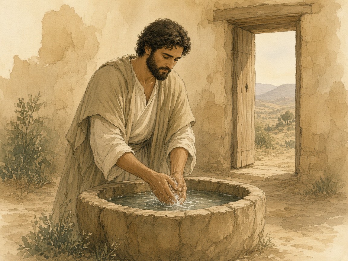A man washes his hands at a stone basin.