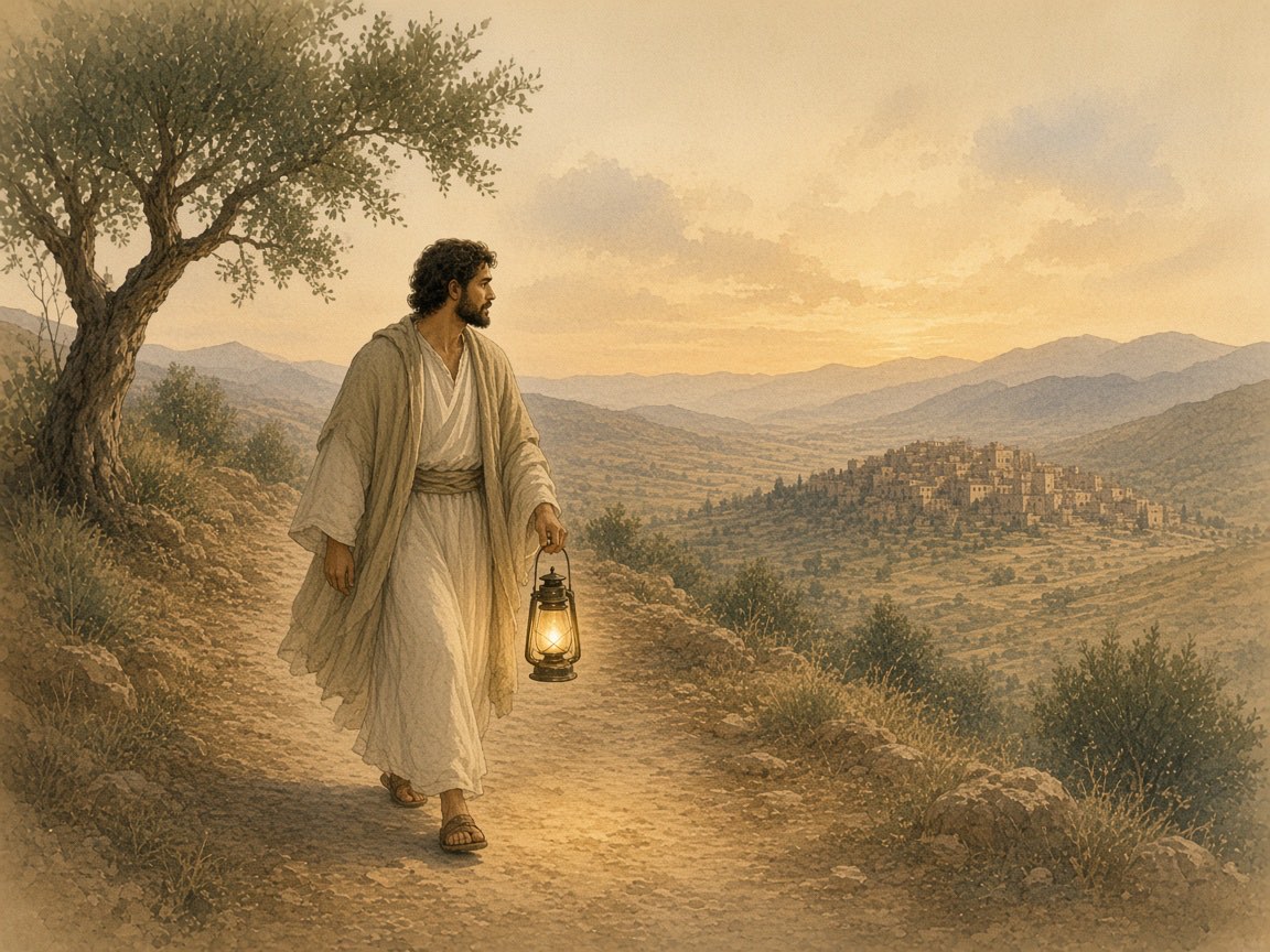 A man walks a dusk road with a lamp.