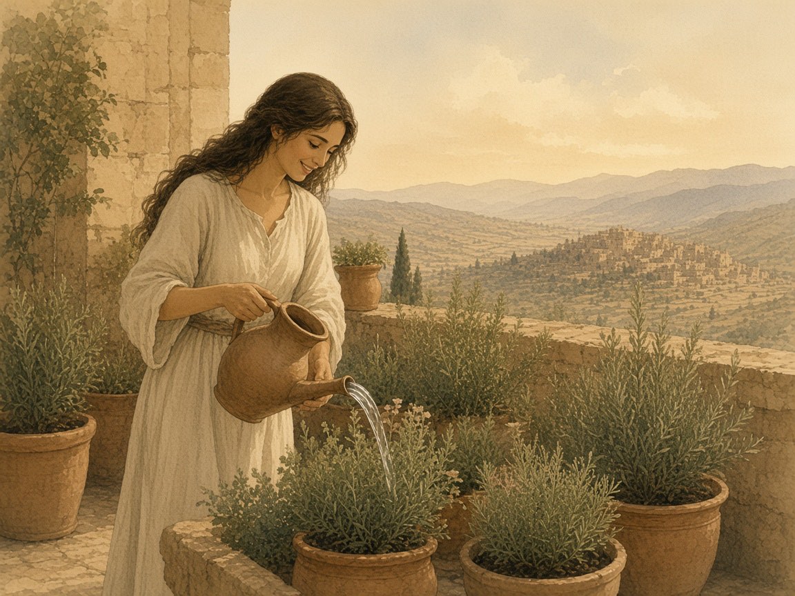 A woman waters herbs in a rooftop garden.