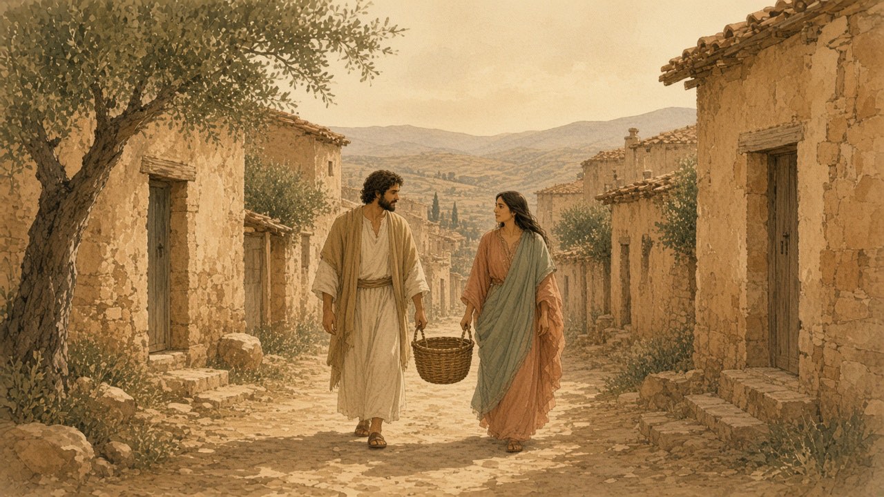 Two adult siblings walk a lane between stone houses, sharing one basket.