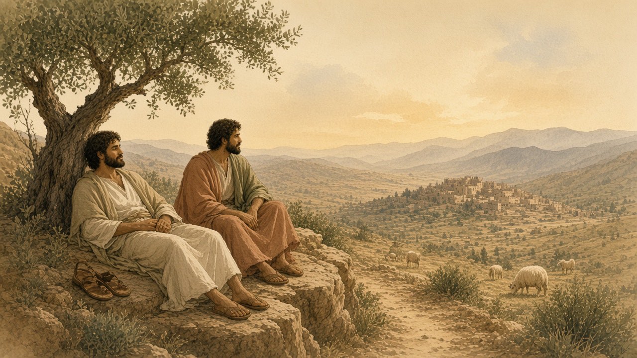A person rests under a tree with sandals set aside while a companion keeps watch and sheep graze beyond.