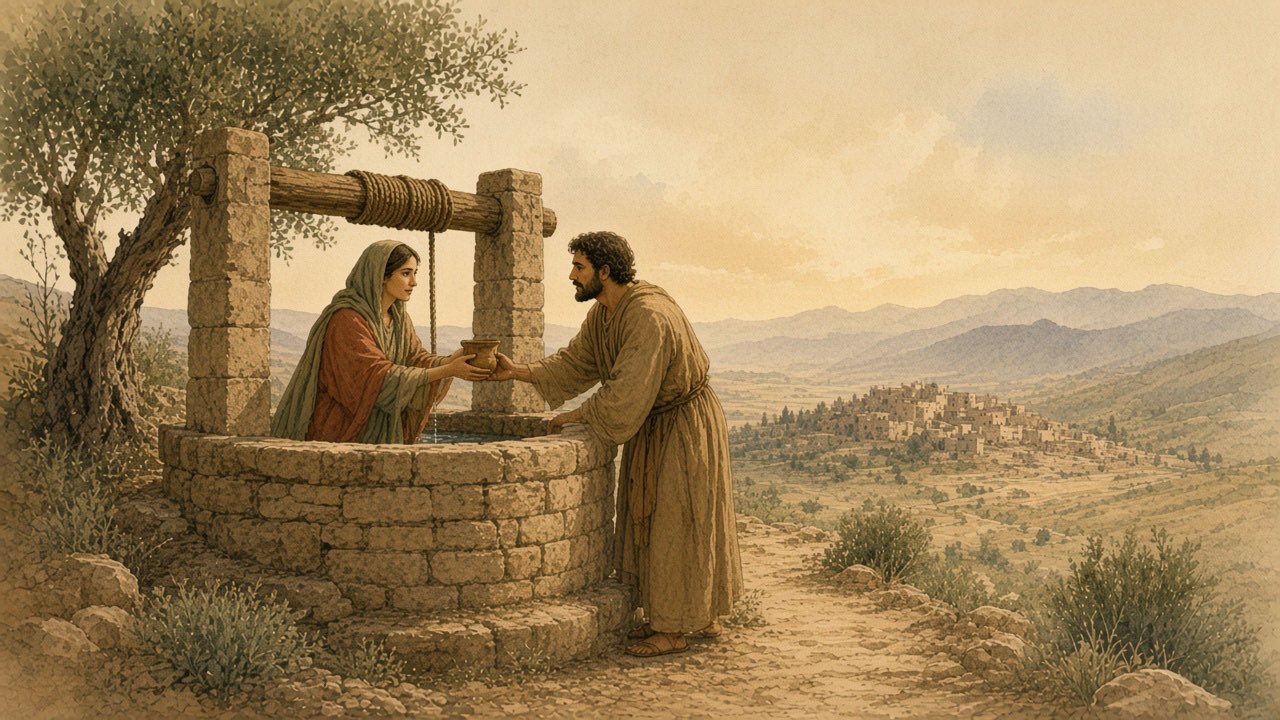 Two people meet at a well, one offering a cup of water.