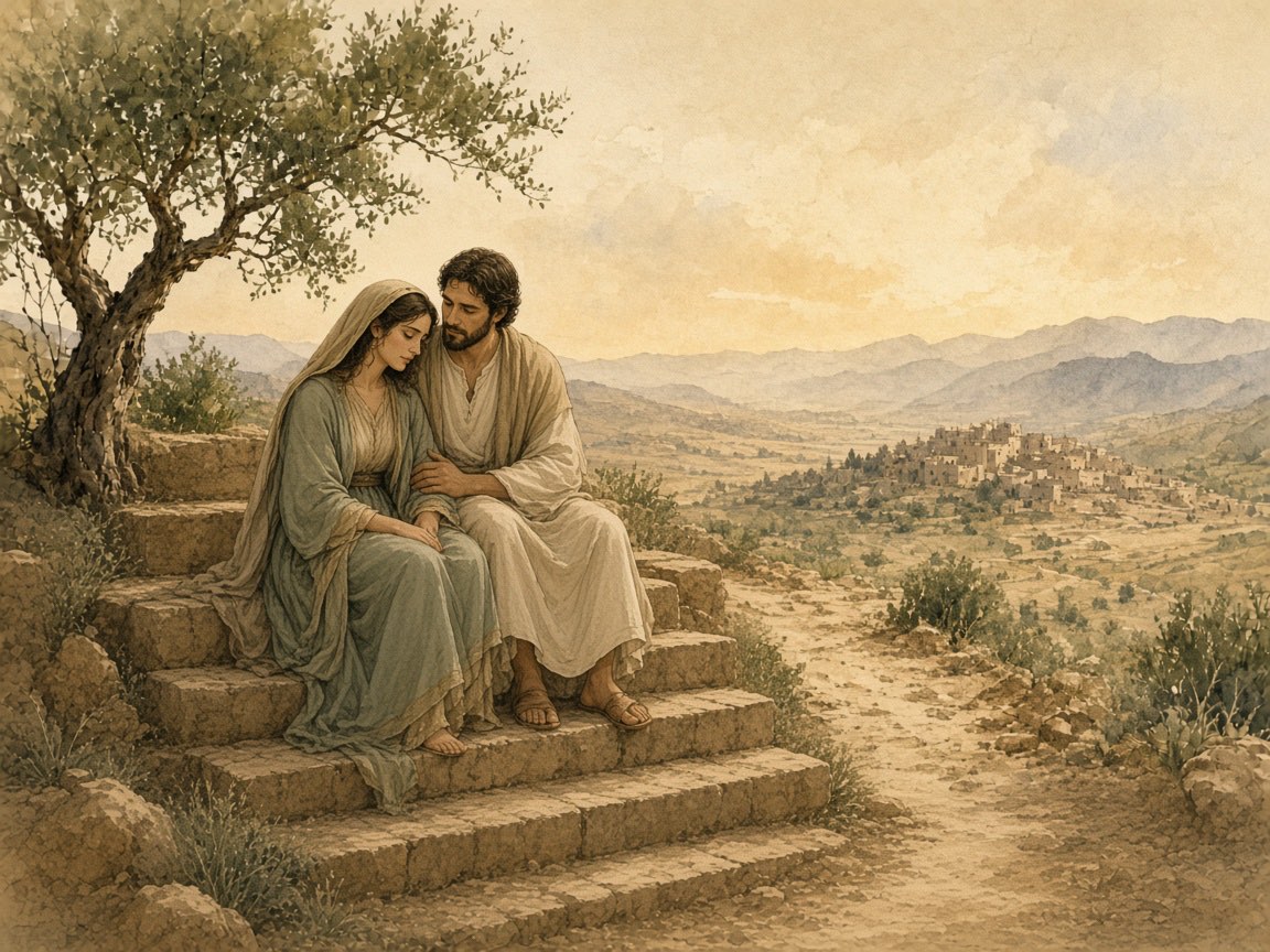 A man sits beside a weary woman on stone steps.