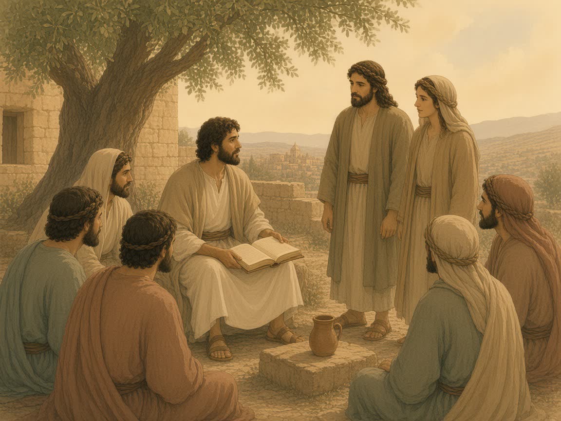 An open scroll rests across a reader's knees while a man and a woman listen under an olive tree.