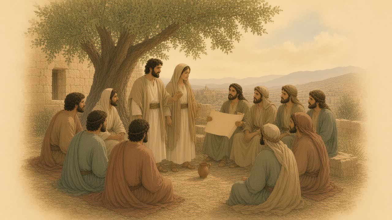 A reader holds an open scroll before a man and a woman in a courtyard, with listeners seated nearby.